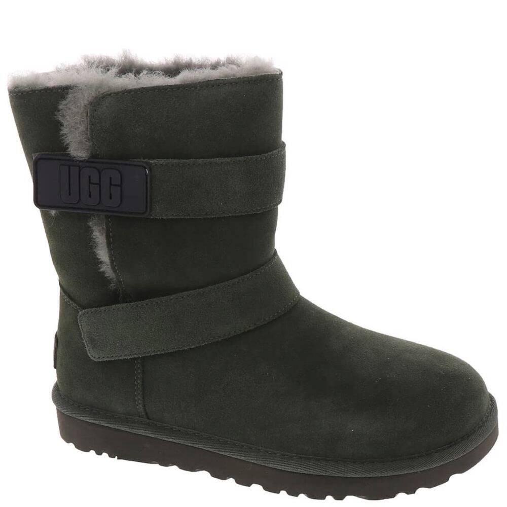 Ugg Bailey Logo Boots 7 Olive Green Gray Ankle Booties Shearling Fur Suede